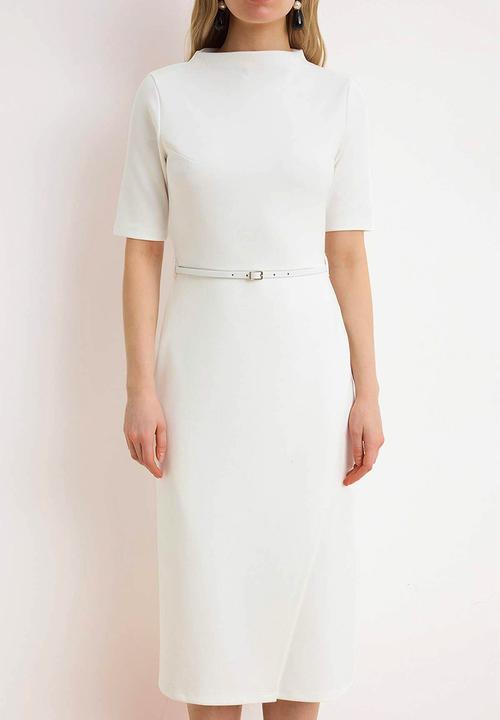 Trendyol - Belted Midi Knit Dress - Ecru