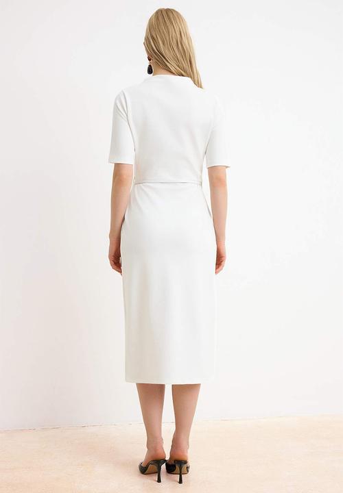 Trendyol - Belted Midi Knit Dress - Ecru