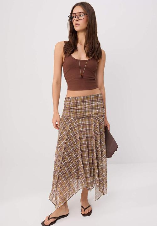 Trendyol - Plaid Asymmetric Hem Skater Skirt - brown