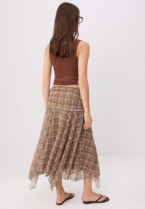 Trendyol - Plaid Asymmetric Hem Skater Skirt - brown