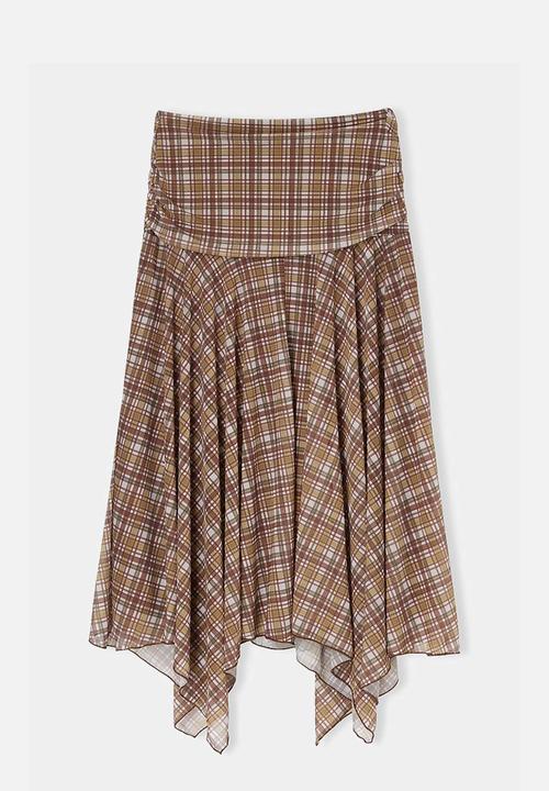 Trendyol - Plaid Asymmetric Hem Skater Skirt - brown