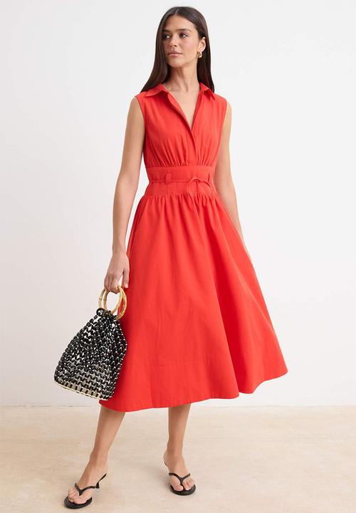 Trendyol - Belted Poplin Shirt Midi Dress - Red