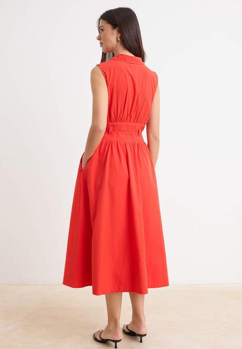 Trendyol - Belted Poplin Shirt Midi Dress - Red