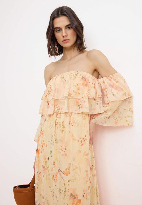 Trendyol - Floral Chiffon Carmen Collar Maxi Dress - neutral