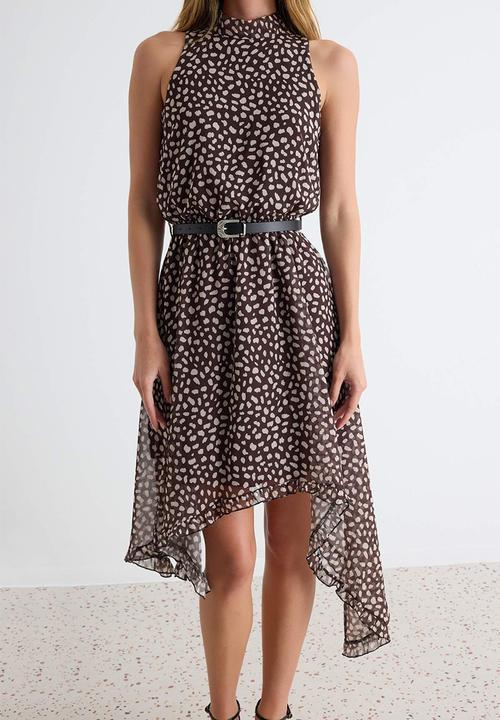 Trendyol - Polka Dot Asymmetric Skirt Midi Dress with Belt - Brown