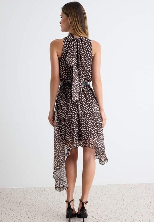 Trendyol - Polka Dot Asymmetric Skirt Midi Dress with Belt - Brown