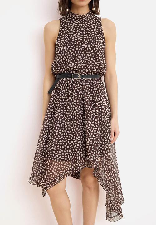 Trendyol - Polka Dot Asymmetric Skirt Midi Dress with Belt - Brown