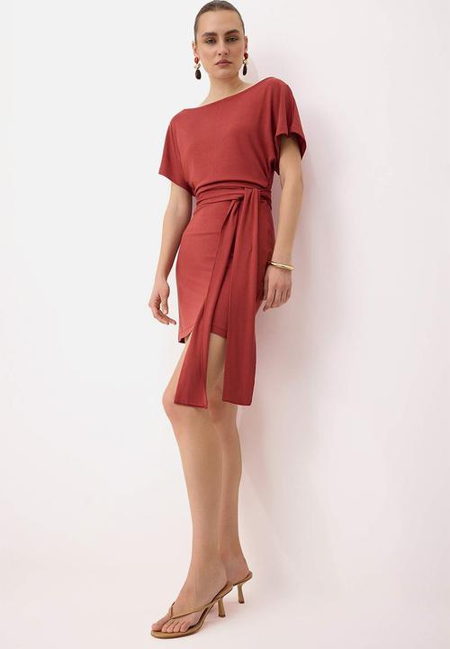 Trendyol - Asymmetric Collar Tie-Detail Mini Knit Dress - Tile