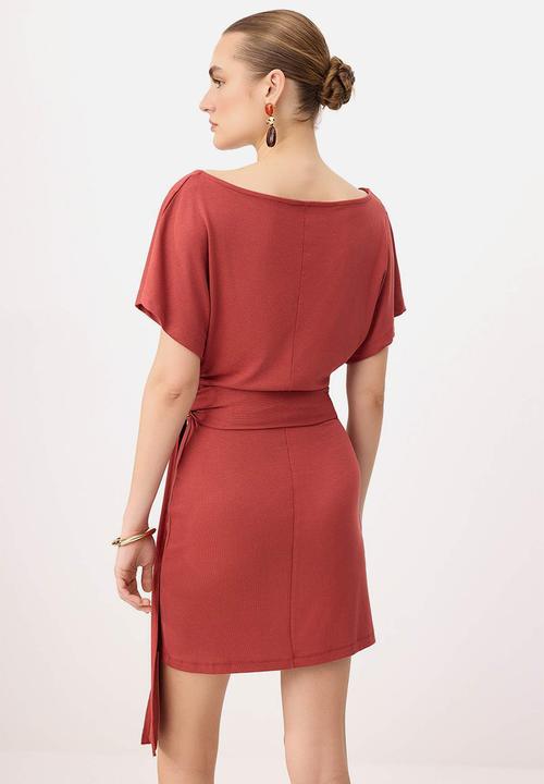 Trendyol - Asymmetric Collar Tie-Detail Mini Knit Dress - Tile