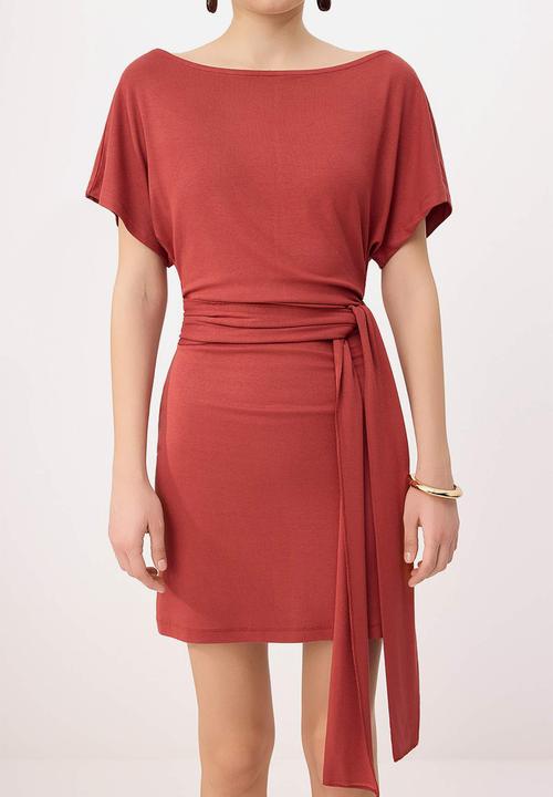 Trendyol - Asymmetric Collar Tie-Detail Mini Knit Dress - Tile