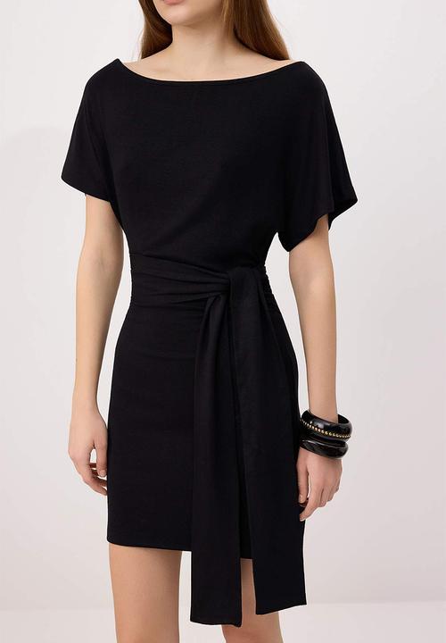 Trendyol - Asymmetric Collar Tie-Detail Mini Knit Dress - Black