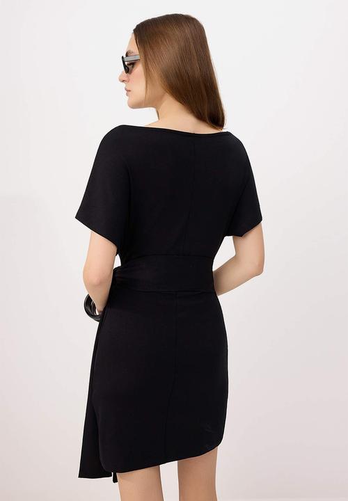 Trendyol - Asymmetric Collar Tie-Detail Mini Knit Dress - Black