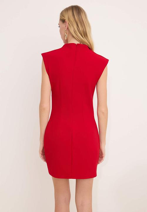 Trendyol - Draped High Neck Mini Dress - Red