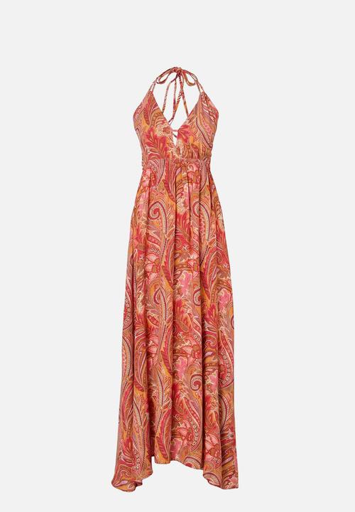 Trendyol - Shawl Print Strappy Maxi Dress - Burgundy