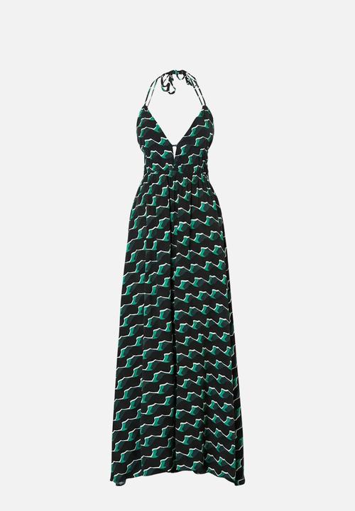 Trendyol - Geometric Print A-Line Maxi Dress - Green-Multicolour