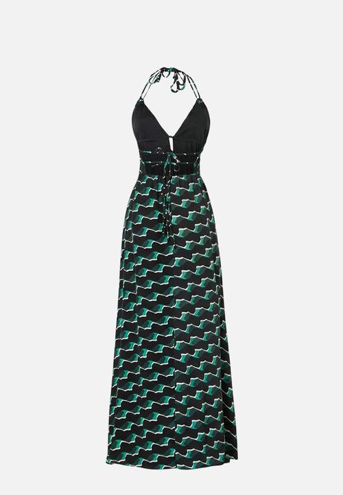 Trendyol - Geometric Print A-Line Maxi Dress - Green-Multicolour