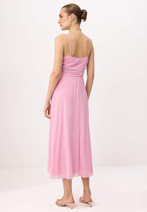 Trendyol - A-Line Tulle Midi Dress with Thin Straps - Light Pink