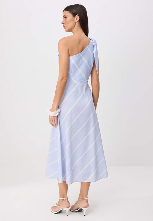 Trendyol - Striped Ribbon Detail One-Sleeve Midi Dress - Blue