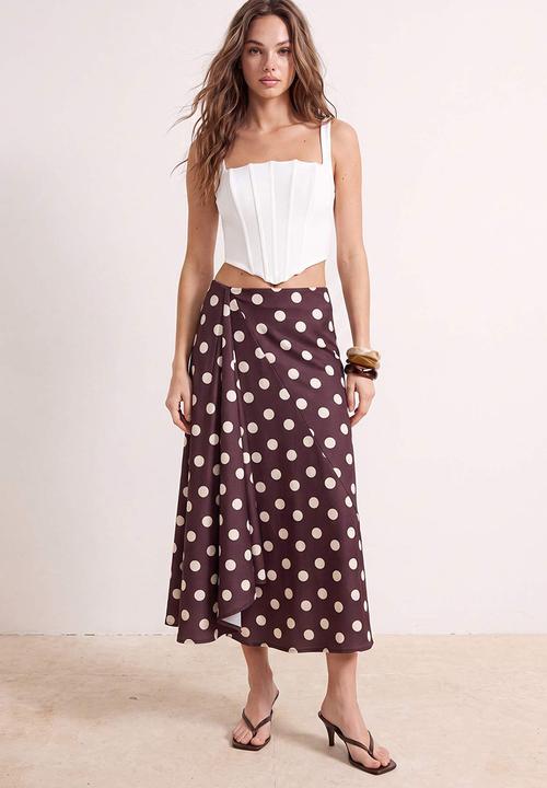 Trendyol - Polka Dot A-Line High-Waist Satin Skirt - Brown