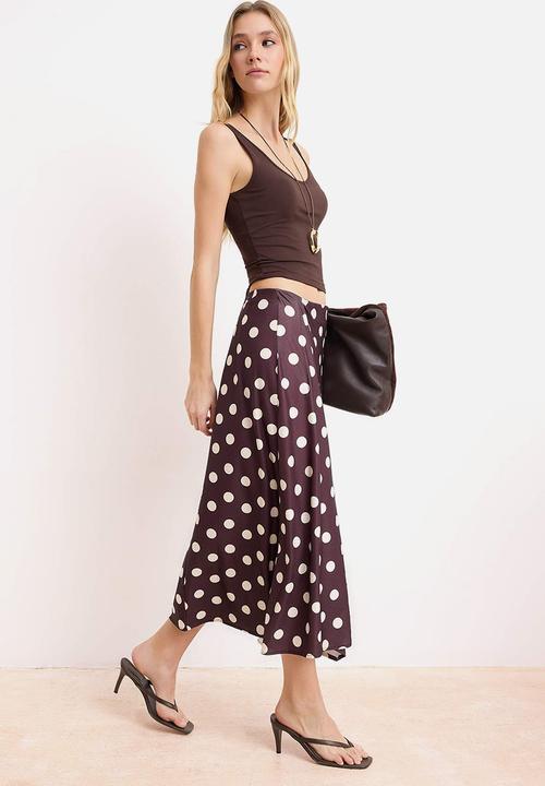 Trendyol - Polka Dot A-Line High-Waist Satin Skirt - Brown