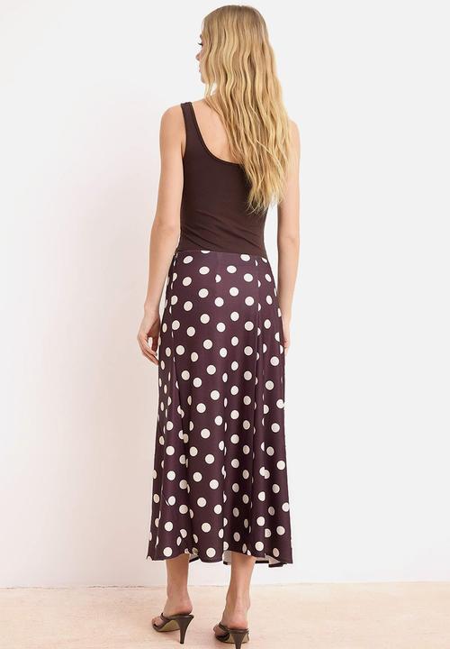 Trendyol - Polka Dot A-Line High-Waist Satin Skirt - Brown