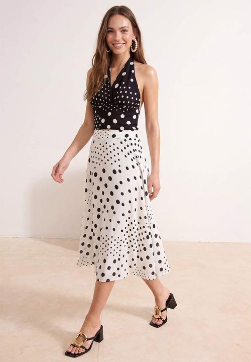 Trendyol - Polka Dot Flared Midi Skirt - White & Black