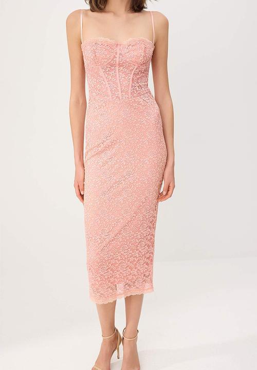 Trendyol - Lace Detail Lined Midi Evening Dress - Powder