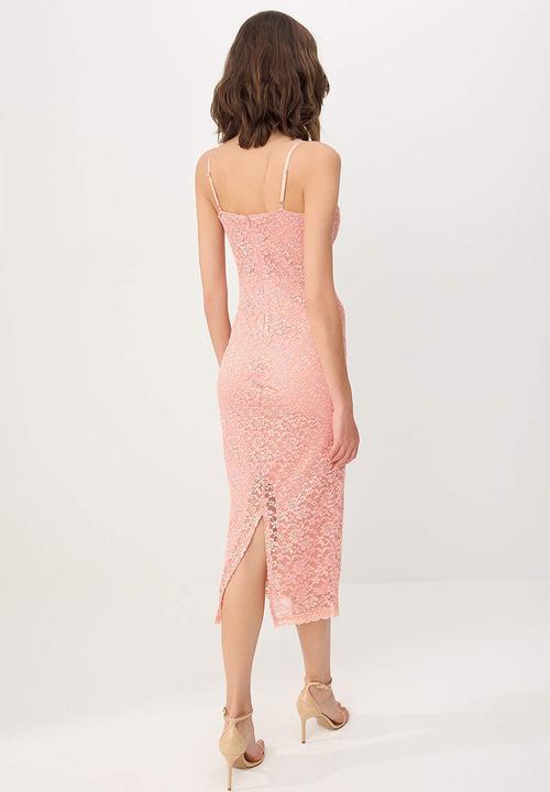 Trendyol - Lace Detail Lined Midi Evening Dress - Powder