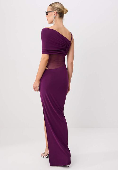 Trendyol - Asymmetric Neckline Straight-Cut Maxi Knit Evening Dress - Plum