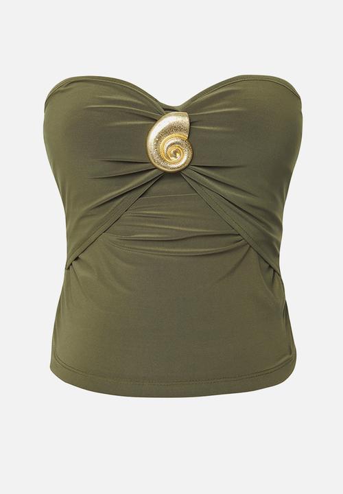 Trendyol - Limited Edition Strapless Knit Blouse with Accessory Detail - Khaki