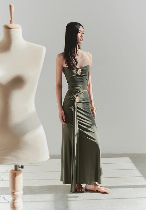 Trendyol - Bodycon Accessory Detail Maxi Skirt - Khaki