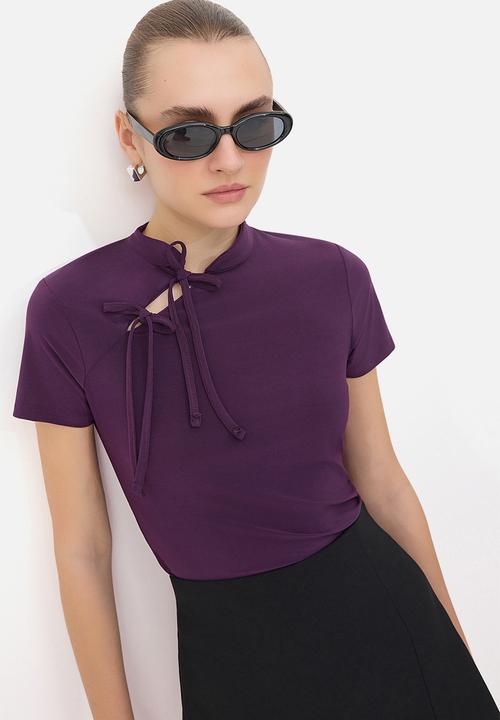 Trendyol - High Neck Tie-Detail Fitted Knit Blouse - Plum