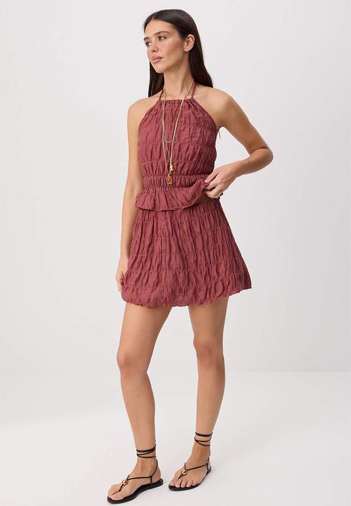 Trendyol - Balloon Skirt and Gathered Detail Top Set - Tile