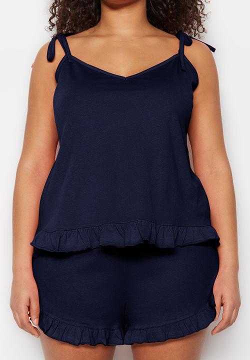 Trendyol - Plus strap knitted ruffle detail shorts pajama set - navy blue