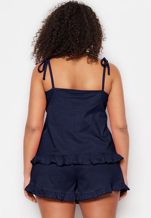 Trendyol - Plus strap knitted ruffle detail shorts pajama set - navy blue