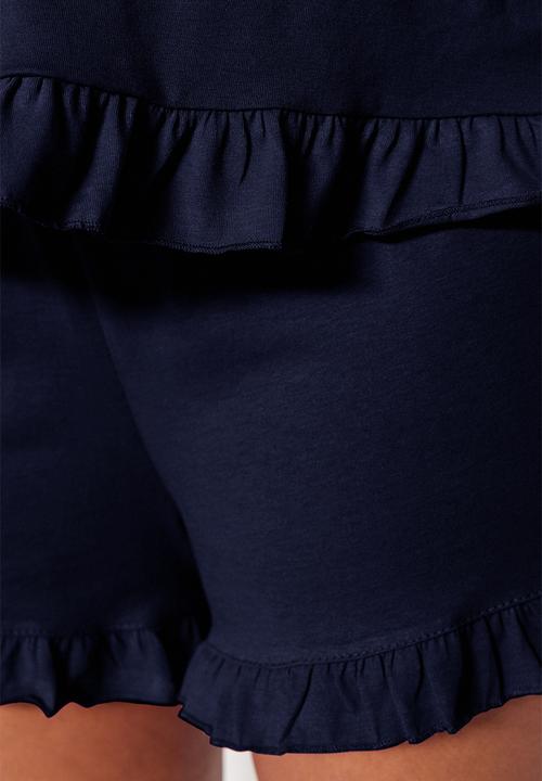 Trendyol - Plus strap knitted ruffle detail shorts pajama set - navy blue