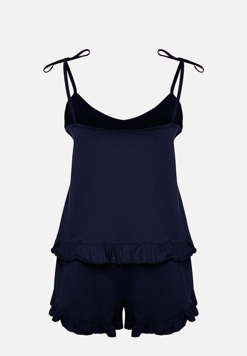 Trendyol - Plus strap knitted ruffle detail shorts pajama set - navy blue