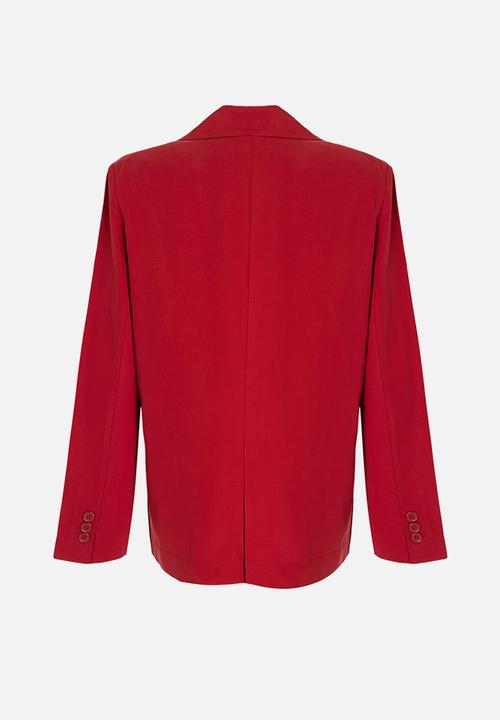 Trendyol - Linen-Look Lined Blazer - Red