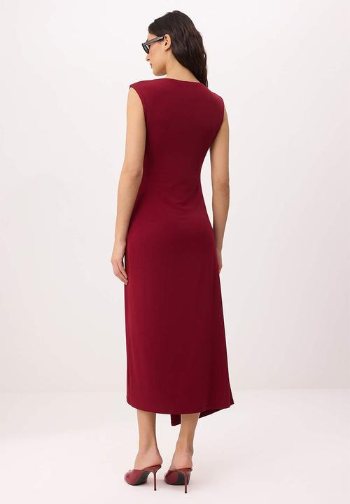 Trendyol - A-Line Ruched Midi Knit Dress - Burgundy