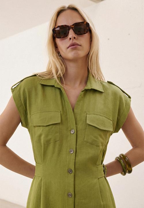 Trendyol - Accessory Detail Buttoned Midi Shirt Dress - Khaki