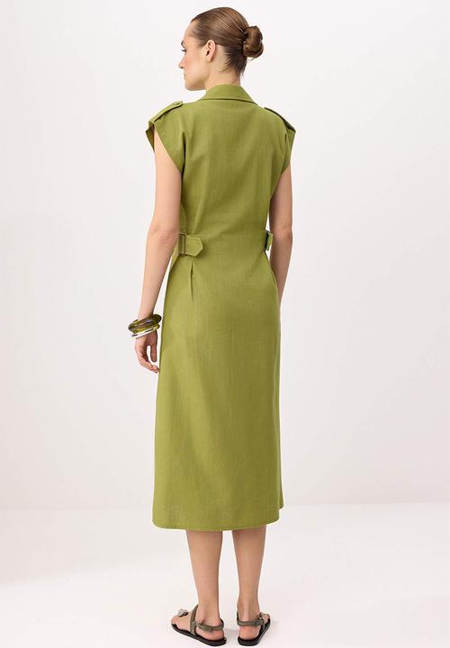 Trendyol - Accessory Detail Buttoned Midi Shirt Dress - Khaki
