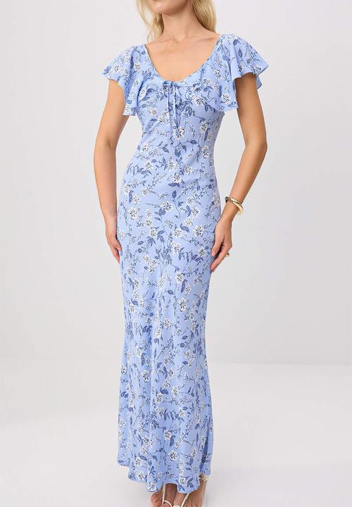 Trendyol - Floral Ruffle Detail Bodycon Maxi Dress - blue