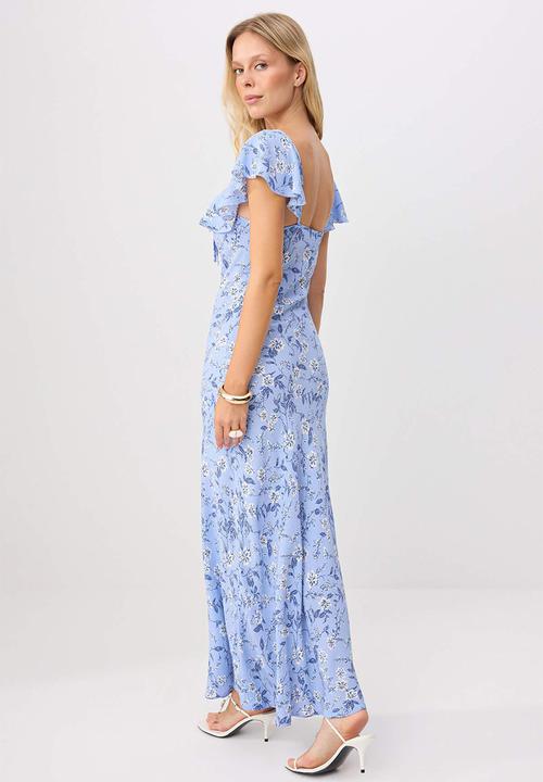 Trendyol - Floral Ruffle Detail Bodycon Maxi Dress - blue