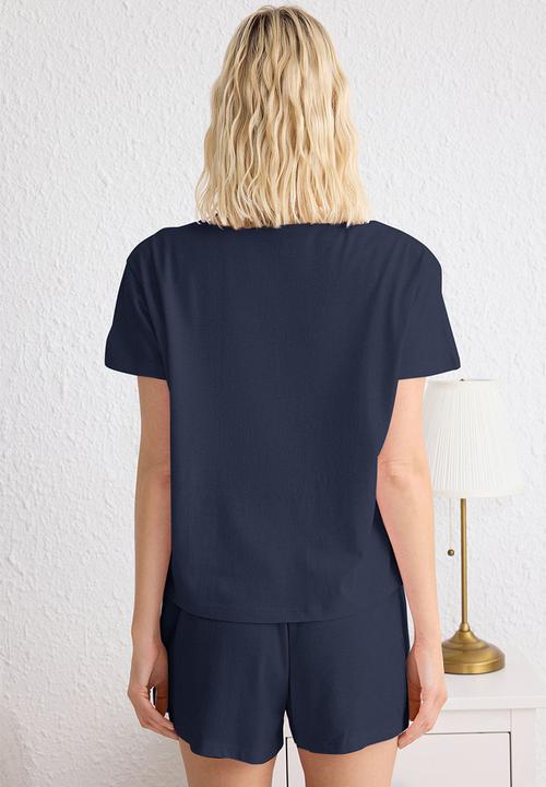 Trendyol - Cotton heart-patch short pajama set - navy blue