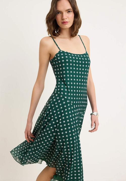 Trendyol - Printed Waist-Cut Tulle Mini Dress - Green