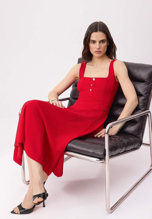 Trendyol - Waist-Cut Square Neck Crepe Knit Dress - Red