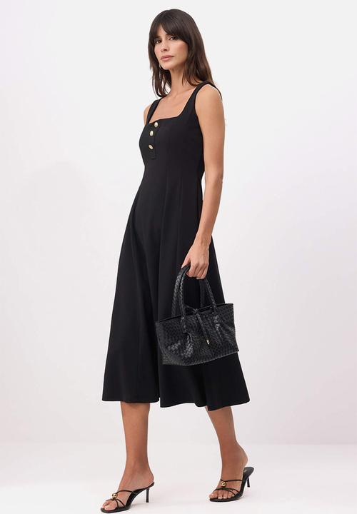 Trendyol - Waist-Cut Square Neck Crepe Knit Dress - Black