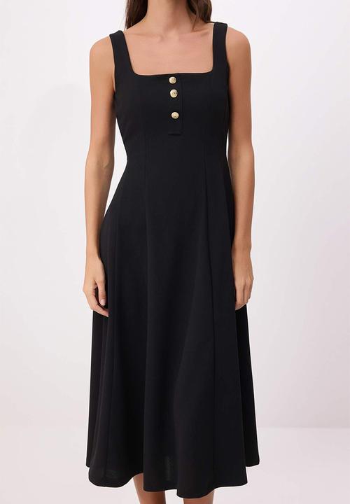 Trendyol - Waist-Cut Square Neck Crepe Knit Dress - Black