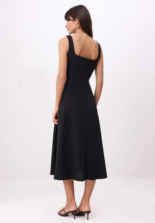 Trendyol - Waist-Cut Square Neck Crepe Knit Dress - Black