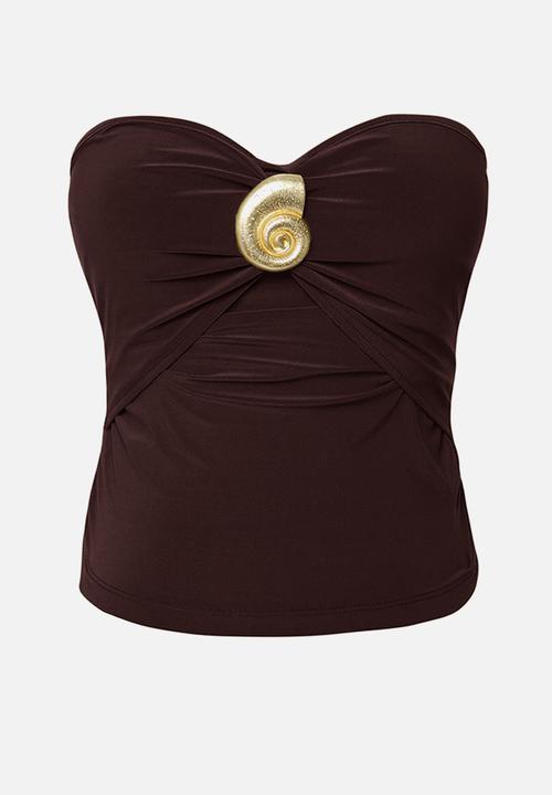 Trendyol - Strapless Knit Blouse with Accessory Detail - Brown